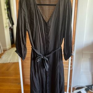 Amour Vert Button Up Subtle Striped Black Dress with Silk Tie